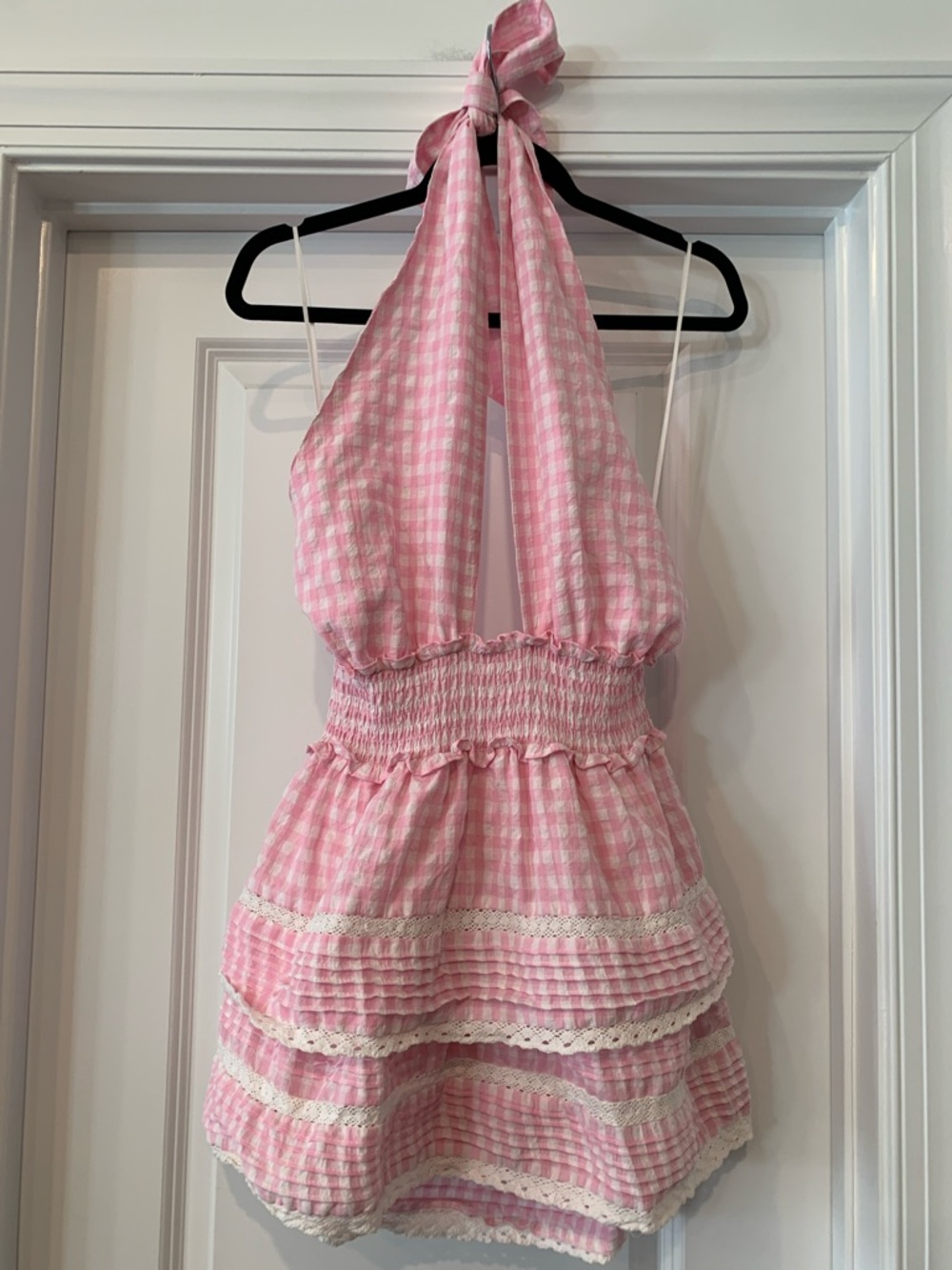 Day + Moon Pink Gingham Halter romper with Lace Trim cotton blend S